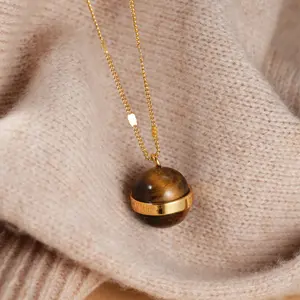 Maillard Interstellar Brown Beaded Necklace TP-1710 49 with Gold Plated Chain and Tiger Eye Pendant