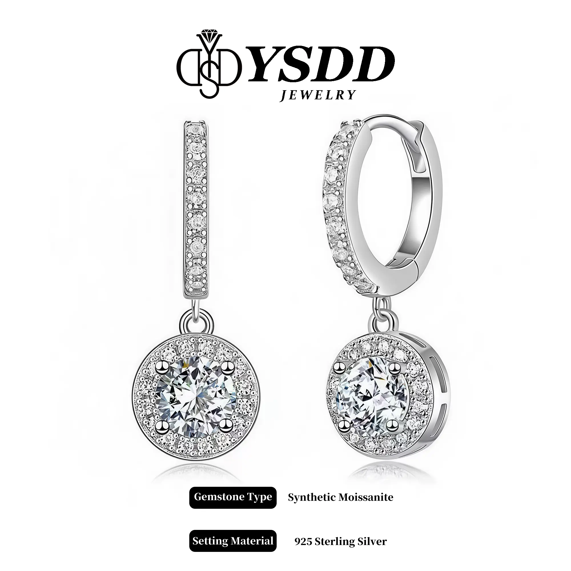 【#659】Classic Round Halo Dangling Earring vvs Synthetic Moissanite Earrings in 925 Sterling Silver