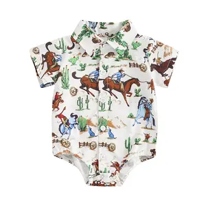 Western Baby Boy Clothes Horse Print Shirt Romper Infant Short Sleeve Button Down Bodysuit  Gentleman Outfit