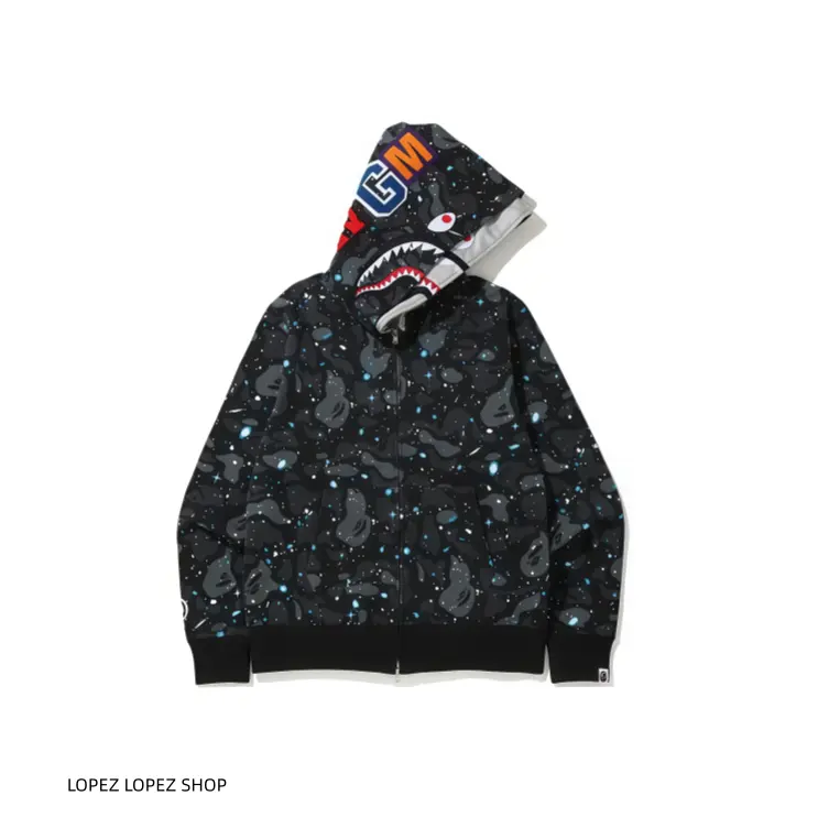 Black Starry Camo Zip-Up Hoodie – Full Zip Hooded Sweatshirt, Colorful Shark Face Print, Streetwear Jacket for Men & Women.