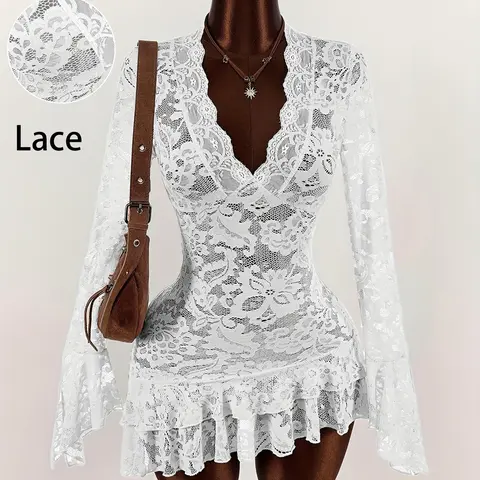 Ladies' lace dress, deep V-neck design, long sleeved lace see through Fit slim mini skirt, French spicy girl skirt, bohemian aesthetic, suitable for spring summer autumn wear, light mature style, elegance, flared sleeves, party date skirt, Womenswear