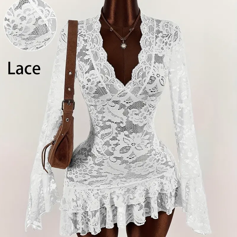 Ladies' lace dress, deep V-neck design, long sleeved lace see through Fit slim mini skirt, French spicy girl skirt, bohemian aesthetic, suitable for spring summer autumn wear, light mature style, elegance, flared sleeves, party date skirt, Womenswear