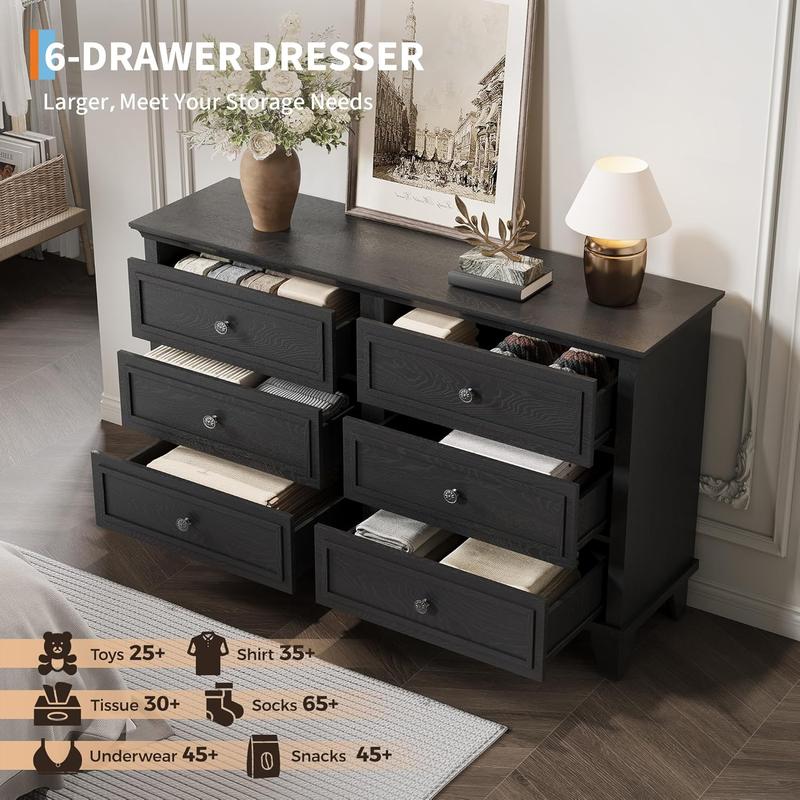 Farmhouse Black Dresser for Bedroom with 6 Drawer, Double Dresser TV Stand with Vintage Handle, Wide Wood Dressers & Chests of Drawers, 6 Drawer Dressers for Bedroom, Living Room, Hallway