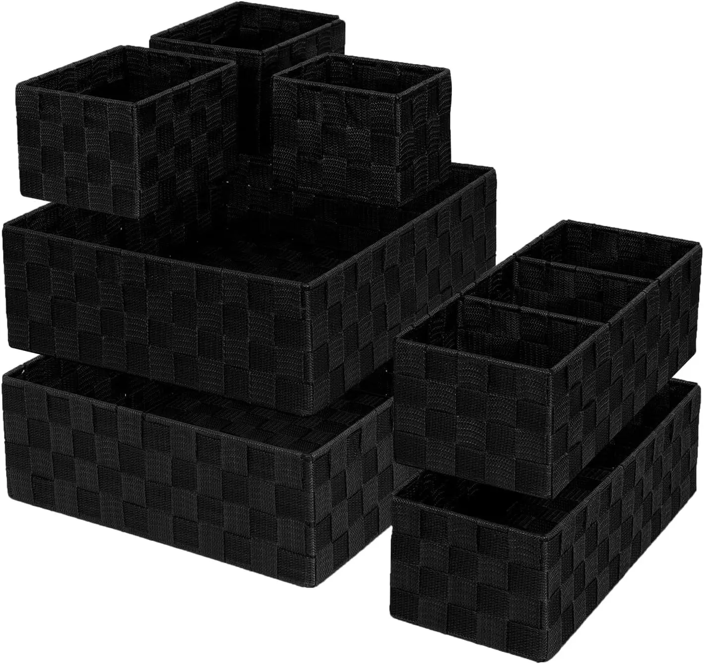 Set of 7 Nested Woven Cube Baskets, Drawer Organizers in Multi-sizes | Shallow Storage Bins for Organizing Desk, Dresser, Kitchen, Pantry