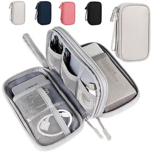 Portable Travel Cable Organizer Bag, Double Layer Electronic Accessories Case with Wrist Strap, Water-Resistant Cord Storage Pouch for Charger, Power Bank, Earbuds, Hard Drive, Compact Organizer for Travel, Business Trip, Daily Commute