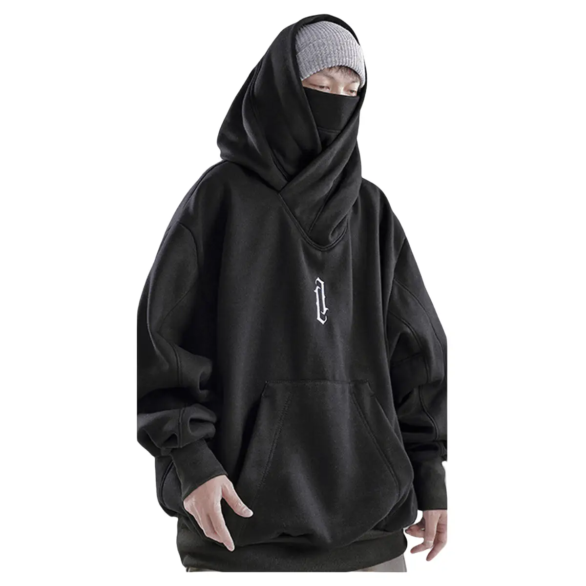 Unisex Oversize Ninja Double Neckline Cotton Hip Hop Hoodie, Loose Casual Pocket Hooded Sweatshirts For Daily Outdoor Wear, Men Tops Baggy Long Sleeve