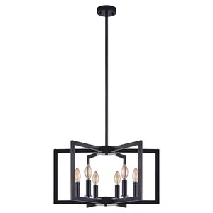 22-Inch Black Modern Geometric 6-Light Industrial Iron Metal Pendant Light Fixture, Adjustable Height, for Home Living Room, Dining Room Indoor Lighting