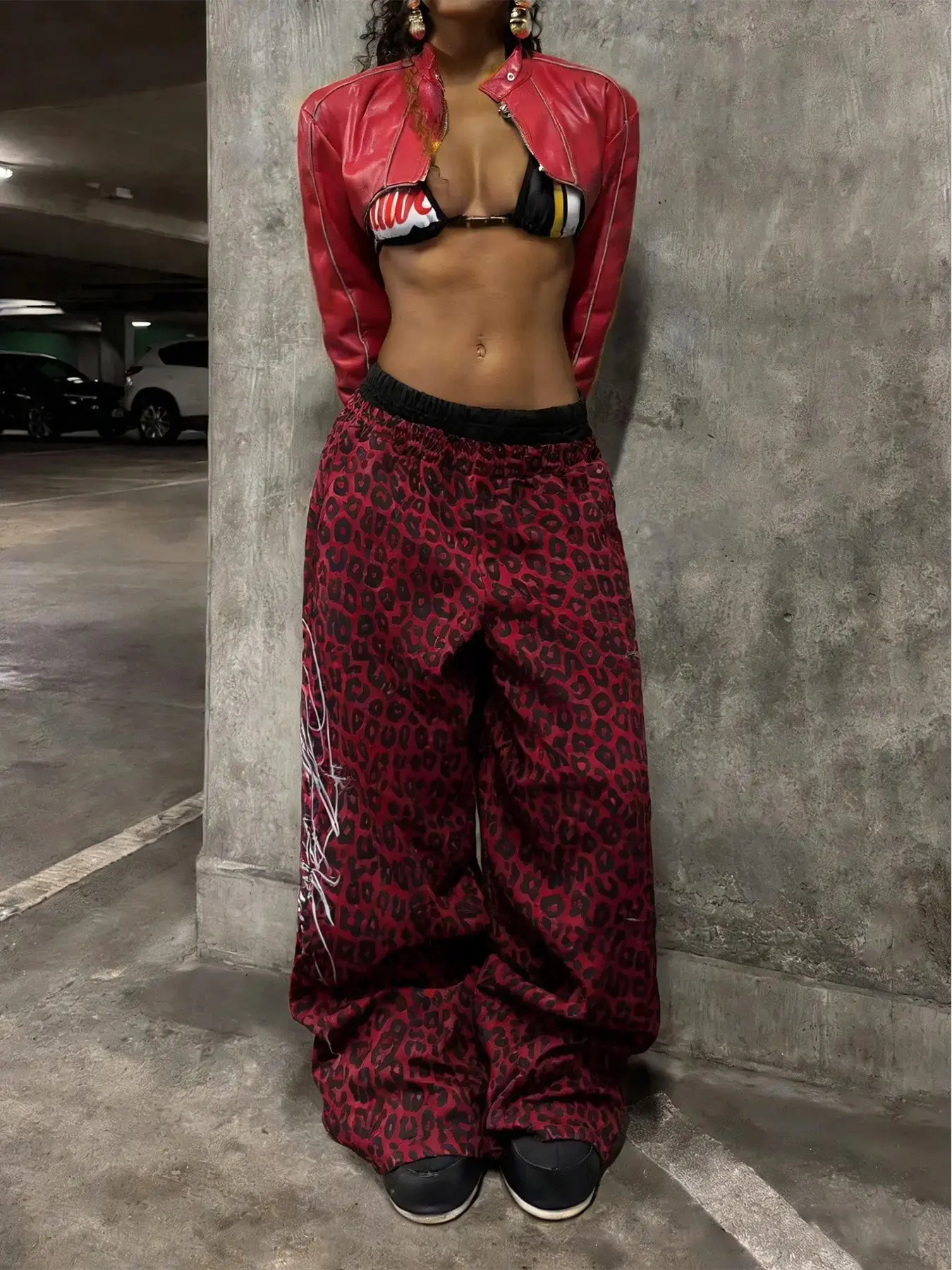 Unisex Leopard Print Punk Style Letter Stripe Long Pants, Vintage Streetwear Double Layered Jeans, Y2K Fashion Trendy Aesthetic