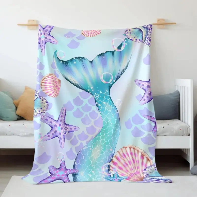 Kids' Mermaid Print Soft Cozy Plush Fleece Polyester Throw Blanket, 50x60 in Polyester Fits, Christmas-Birthday Gifts for Boys & Girls