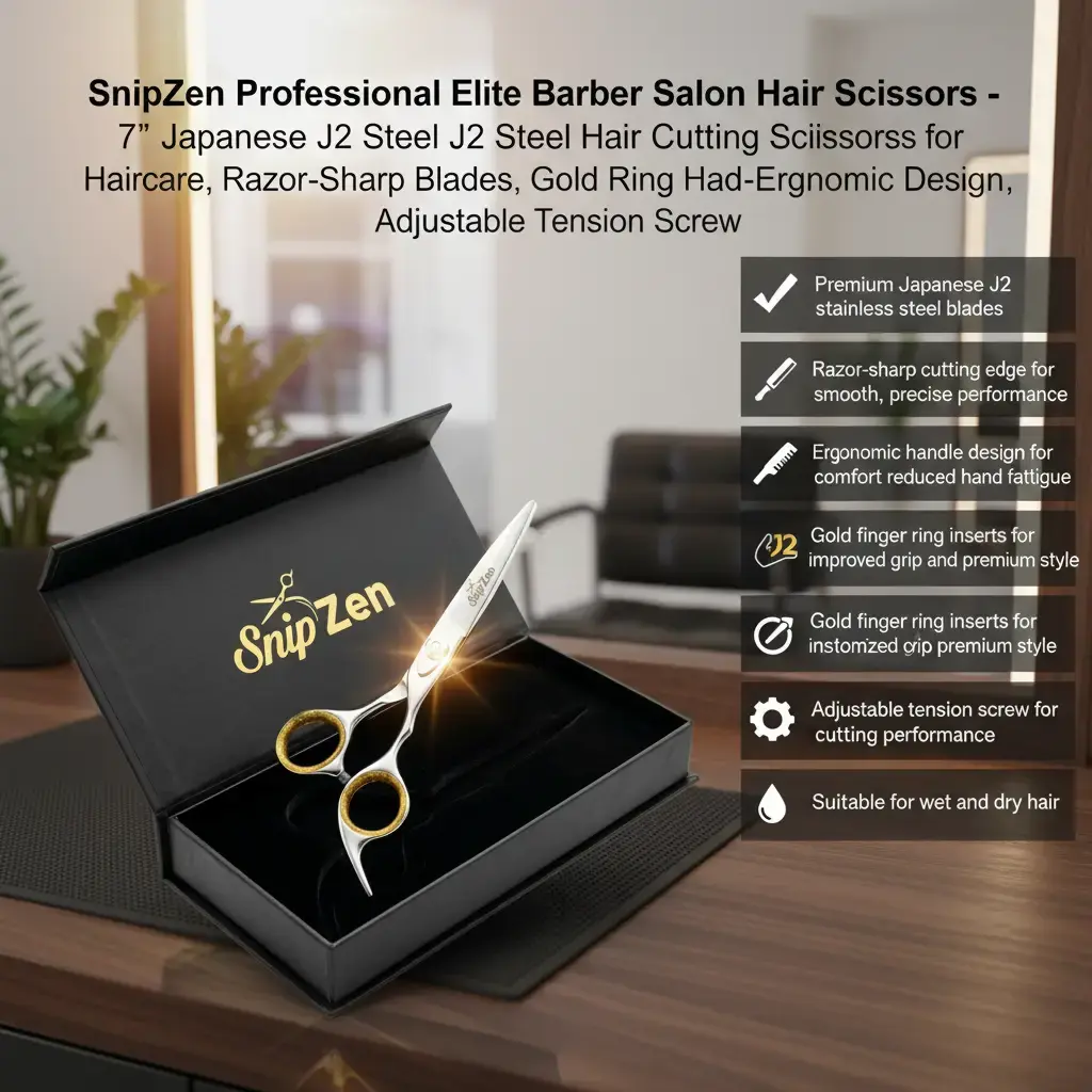 SnipZen Professional Elite 7-in Japanese J2 Steel Barber Hair Scissors - Razor-Sharp Blades, Gold Ring Handles, Ergonomic Design, Adjustable Tension Screw for Haircare