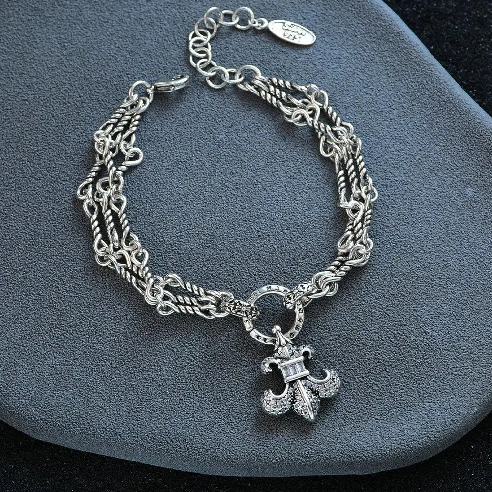 Women's Chic Artificial Gemstone Bracelet - 2026 Silver-Tone Multi-Layer Chain, Cross Motif, Fleur de Lis Charm, Zircon Accents, Ideal for Daily Wear, Artificial Gemstone Bracelets & Anklets, Chic Artificial Gemstone Bracelets & Anklets