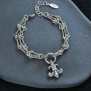 2026 Cross Zircon Multi-layer Chain Bracelet for Women Elegant Silver Tone with Fleur de Lis Charm