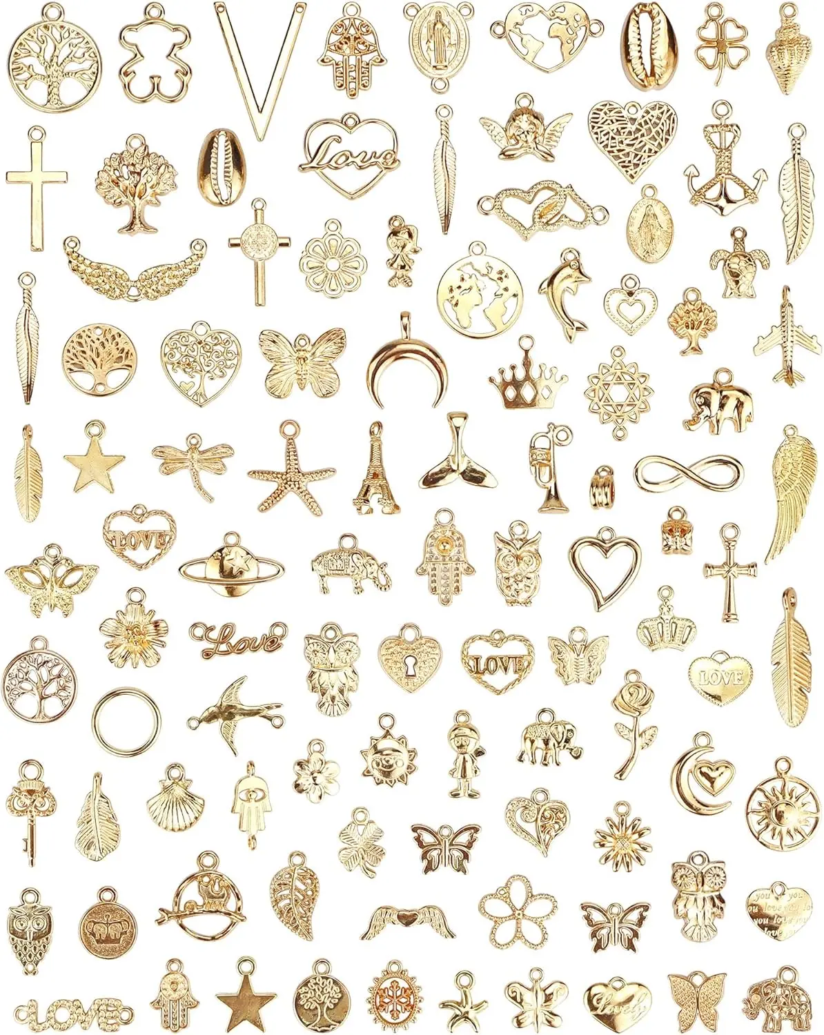 100 Pcs Mixed Golden KC Gold Alloy Jewelry Charms, Wholesale Bulk Pendants for Women, Birthday Gifts & Crafting Supplies for Necklaces and Bracelets