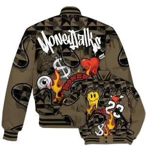 Olive 9s Varsity Jacket, Burning Heart Graphic Baseball Coat, Bold Urban Streetwear Style, Trendy Unisex Casual Outfit Gift