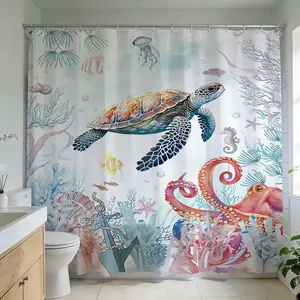 1 Pc Ocean-themed shower curtain for bathroom design featuring colorful underwater scenes and marine life ideal for adding a vibrant aquatic touch to home decoration elevates bathroom renovation style with turtle and coral patterns perfect for creating a