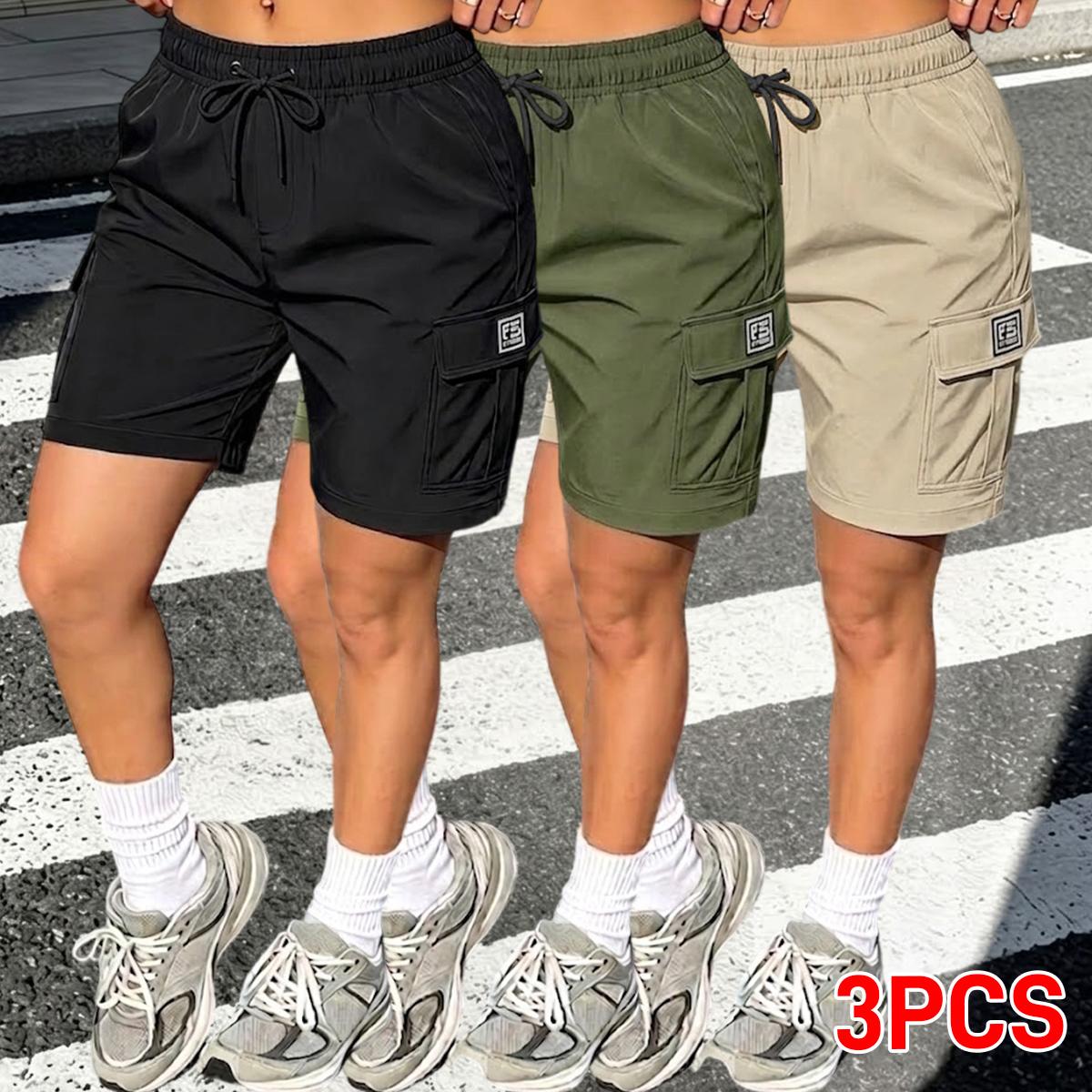 Women's Minimalist Solid Colors Casual Street Cargo Shorts - Polyester Straight-Leg Bottoms with Adjustable Drawstring Waist, Multifunctional Pockets, Multi-Size, Lightweight for Everyday Wear,clothes for back to school,first day of school outfits