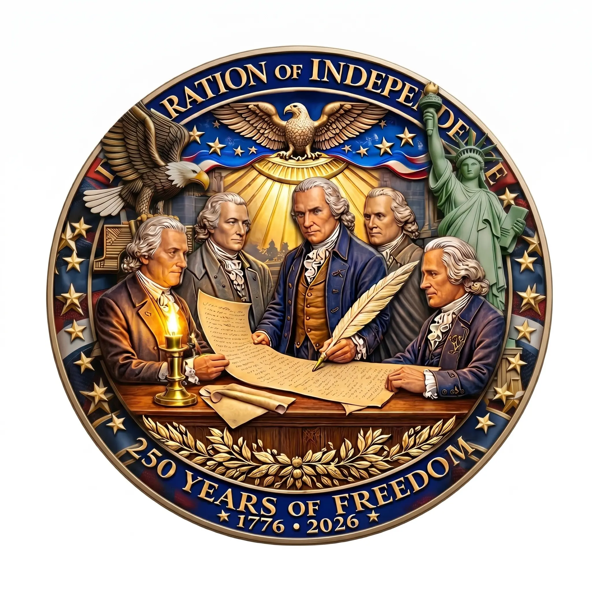 "250 Years of Freedom" Patriotic Door Sign, America 1776-2026 Round Tin Plaque for Wreath Entryway Decor, Independence Day Party Ornament, Souvenir Present for Him