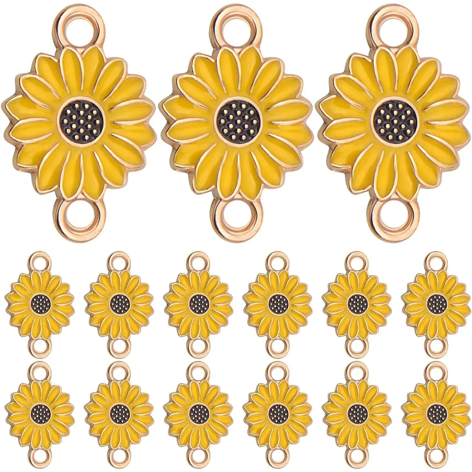 30pcs Enamel Flower Charms Connectors Links Yellow Alloy Floral Sunflower Daisy Flower Dangle Pendants with Double Loops for DIY Bracelet Earring Necklace Jewelry Making