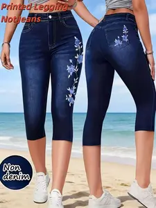 Printed Legging Not Denim Fabric with Floral Design, Stylish Cropped 3/4 Length Pocket Pants for Cycling, Fitness, and Casual Wear