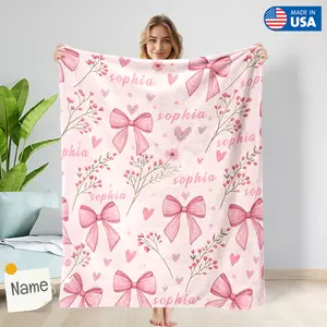 Personalized Cherry Love Blanket With Name, Customized Pink Theme Name Blanket, Cute Pink Blanket For Girl,Mom,Dad,Trending Bow, Birthday Gift, Valentine Gift