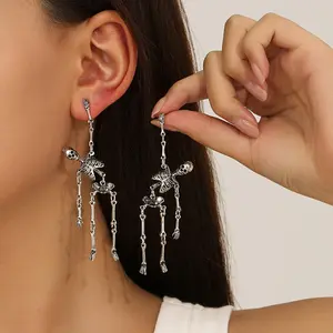 RH-28 Gothic Skeleton Drop Earrings - Long Hanging Chain with Spooky Bone Design, Halloween Party Costume Jewelry, Everyday Gothic Accessories for Women & Men - Year-Round Statement Earrings