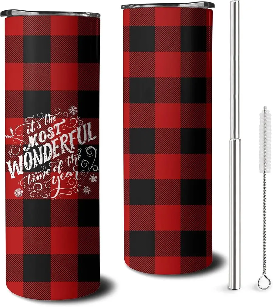 20oz Buffalo Plaid Stainless Steel Vacuum Insulated Skinny Coffee Tumbler - Lid+Straw Included, Portable Water Bottle Christmas Kitchenware Drinkware for Women’s Holiday Decor Gifts, Water Bottles