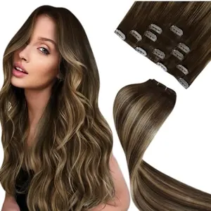 Silky Straight Chocolate Brown and Caramel Blonde Human Hair Clip-in Extensions 16-22inches 5pcs/70g