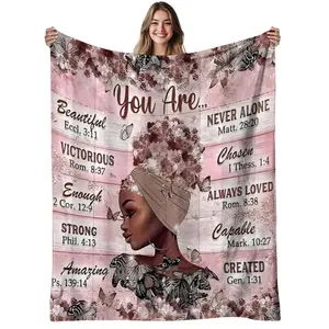 African American Woman Religious Quote Flannel Blanket Soft Warm Inspirational, for Living Room Bedroom Sofa All Seasons Gift