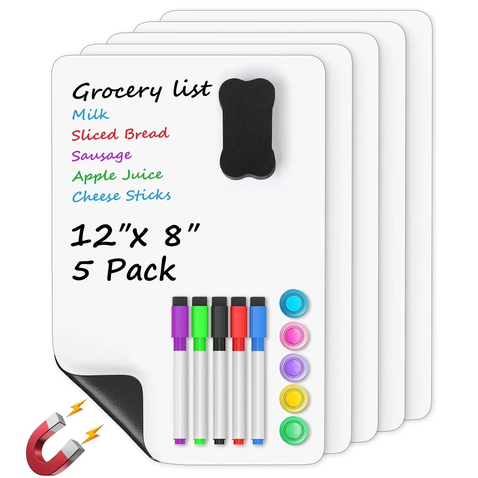 5 Pack Magnetic Whiteboard Sheets for Fridge, 12"x 8" Small Refrigerator Dry Erase Board for Kitchen Organizer and Planner, Smooth and Reusable, Includes 5 Markers, 5 Magnets and 1 Eraser