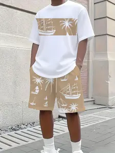 Men's 2-Piece Short Sleeve Shorts Set, Menswear Coconut Tree Print Casual Fitted Round Neck T-Shirt, Tropical Summer Vacation Style, Outdoor Sports Comfort, Breathable, Outfit