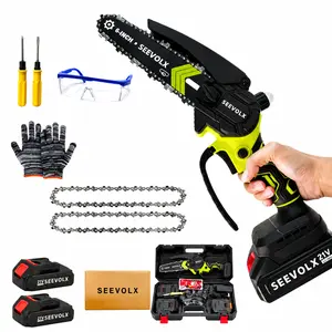 SEEVOLX 6 Inch Mini Chainsaw Cordless Electric Handheld with 2Pcs 1300mAh Batteries 2 Blades Storage Box Safety Gear for Tree Trimming Wood Cutting