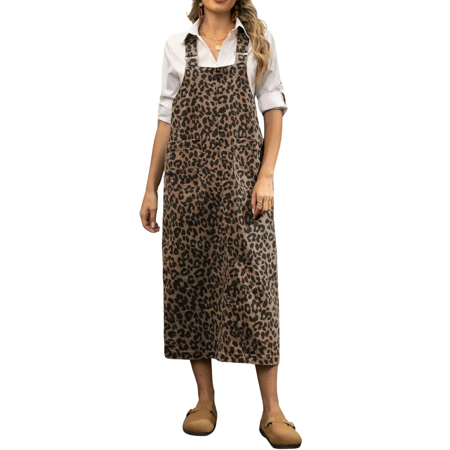 Chouyatou Women's Cute Leopard Print Denim Overalls Dress - Streetwear Hippie Casual Wear, Sleeveless Strappy Jean Jumper Dress With Adjustable Straps, Loose, Vintage, Army, Patchwork, Fashion, Soft, Outwear, Fit, Loose Fit, 2 Distressed Side Pockets, Mid