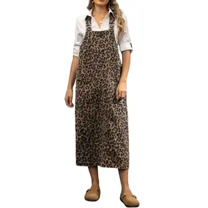 Chouyatou Womens Leopard Print Denim Overalls Dress Casual Sleeveless Jean Jumper Dress With Adjustable Straps
