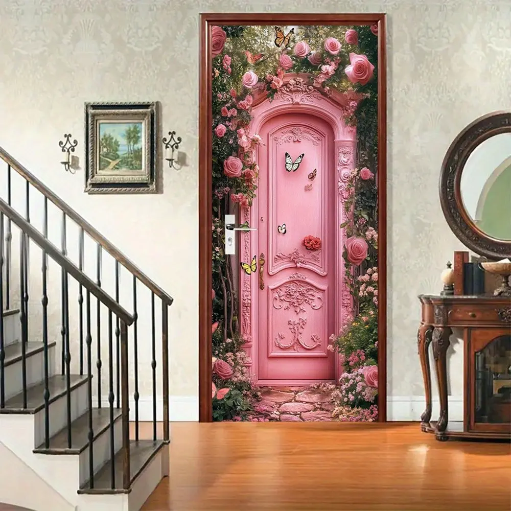 Butterfly & Rose Door Sticker, Self-Adhesive Vintage Floral Wall Decal, Elegant Carved Design for Bedroom Living Room Entrance Decor, Floral Pattern Sticker, Door Decorations, Floral Stickers