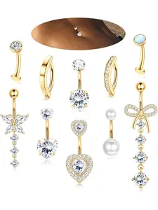 Gorgeous 10 Pcs Golden Belly Button Rings Dangle Trendy Copper Surgical Stainless Steel Navel Rings for Women Men Shining CZ Sweet Heart Opal Clicker Floating Navel Belly Button Piercings Navel Piercing Body Jewelry