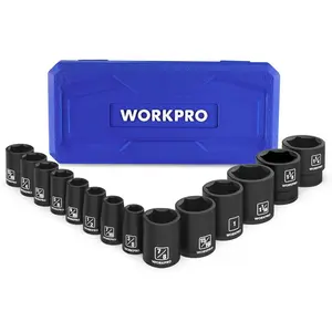 1/2” Drive Shallow Impact Socket Set, SAE Cr-V Steel 6-Point Socket Set with Storage Case for Automotive Maintenance and Repairs (14PCS 3/8”-1-1/4")