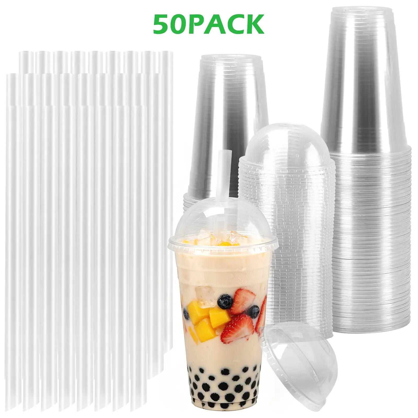 50-Pack 24oz Clear Plastic Catering Tumblers, BPA-Free Recyclable PET Disposable Drinkware with Dome Lids & Thick Straws, Leak-Resistant Cups for Bubble Tea, Iced Coffee, Fruit Lemonade