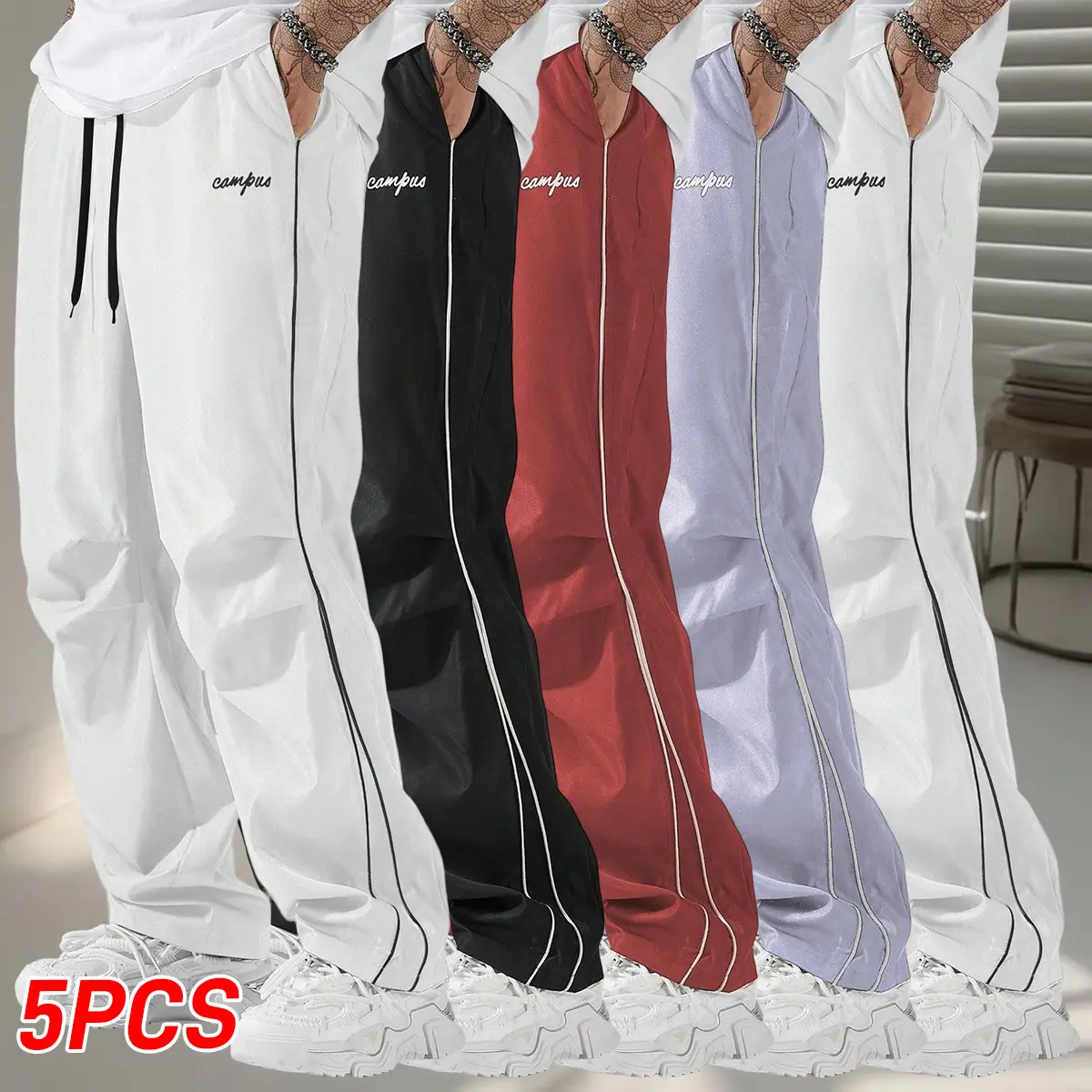 Men's Striped Polyester Track Pants, Lightweight Uniform Activewear with Drawstring Waist and Pockets, Casual Wide-Leg Fit, Outfits, Sportswear, Athletic