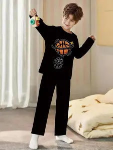 Boys' Digital Print Long-sleeve Pajamas and Long Sleep Pants 2-piece Set with Black Background and Fingertip Basketball Design. Made of flame-retardant fabric, this stylish, trendy, casual, comfortable and soft pajama set is suitable for sleeping and home