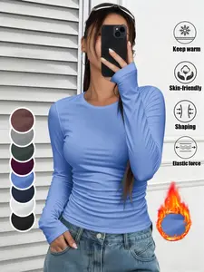 Women's Basic Casual Warm Underwear Top, Classic Round Neck Long Sleeve Shirt, Plain Simple Base Layer, Suitable for Home & Outdoor Wear
