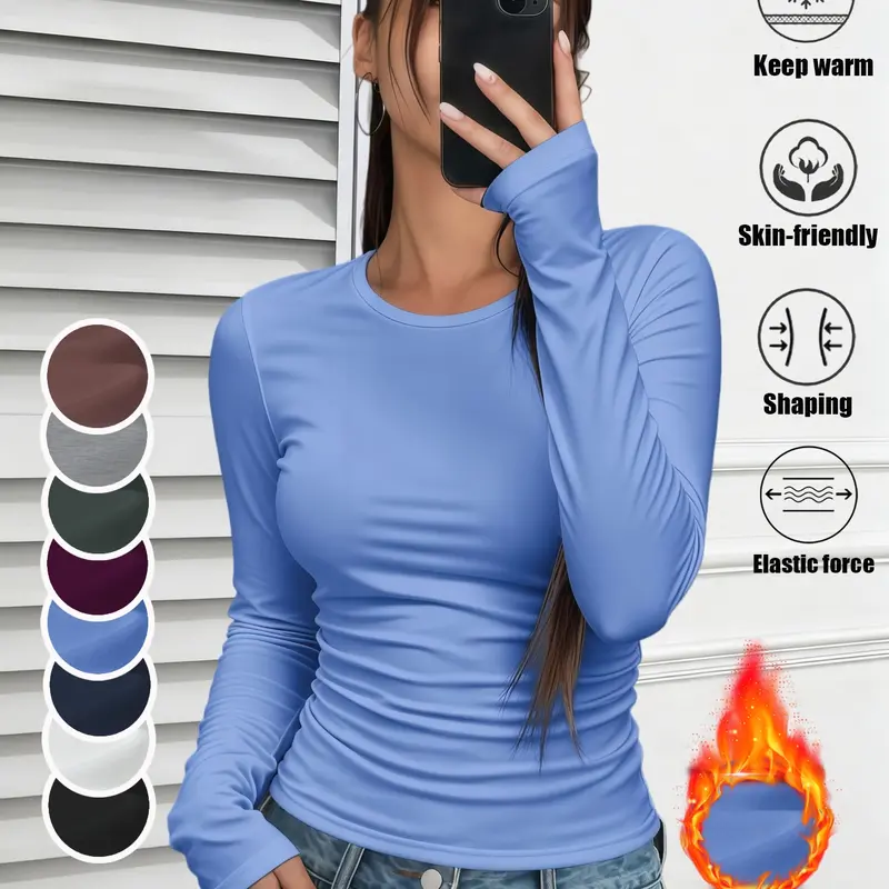 Women's Basic Casual Warm Thermal Underwear Clothing Top, Classic Round Neck Long Sleeve Fitted Shirt, Plain Simple Base Layer, Suitable for Home & Outdoor Wear, 1 Piece