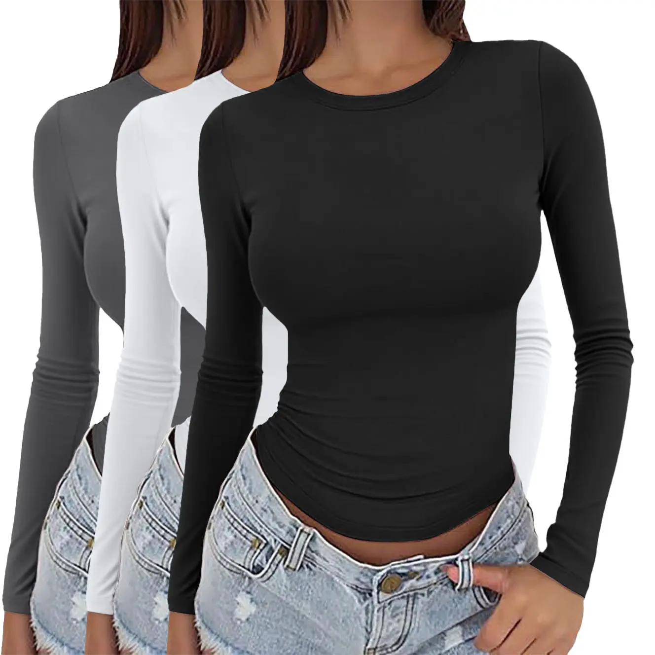 Lady's Longsleeves Fitted Cut Polyester Blend Tshirt, Slim Fit Round Neck Basic Undershirt, Minimalist Streetwear Layering Top for Casual Everyday Wear tiktokshopspringglowup, Women, Clothing, Tops For Women, Shirts For Women