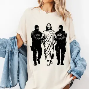 Jesus Arrested Parody Anti ICE Shirt: Sarcastic Immigrant Rights Political Protest Street Art Graphic, Funny Protest Graphic Tee, Dark Humor Shirt, Antifa, Abolish ICE Shirt, Fuck Ice