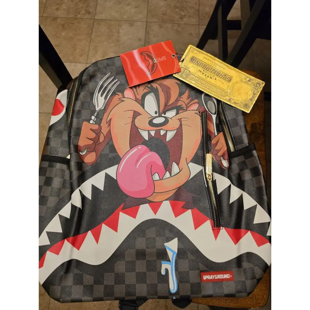 Sprayground New Backpack - Taz Design, Black and White Checkered Pattern, Zipper Closure, Ideal for Daily Use