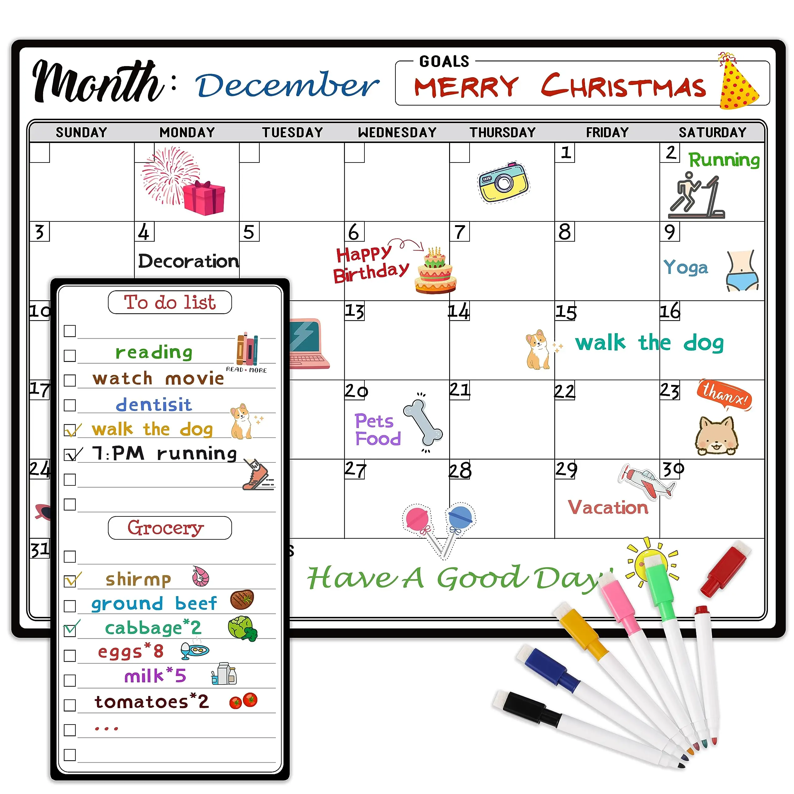 Magnetic Reusable Dry Erase Fridge Whiteboard Calendar, 15x11in Multifunctional Office Stationery - Erasable Calendar, Color-Coded Visual Schedule Board, Monthly Organizer with 6 Markers, Today List & Meal Planner for Families