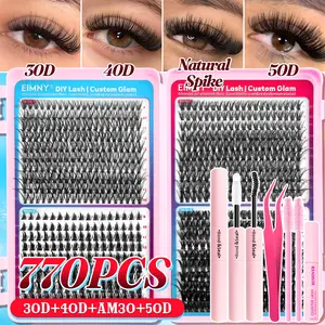 EIMNY 770Pcs Individual Cluster Lash Extensions Kit, Eyelash Glue Extension, 30D+40D+50D Wispy Eyelash Clusters with Bond and Seal and Tweezers and Brush, 9-18mm Lengths, D Curl Natural False Eyelashes, DIY Manga Lash Clusters for Beginners at Home