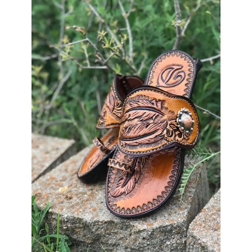 Spur strap sandals-Handtooled leather-Custom made to order