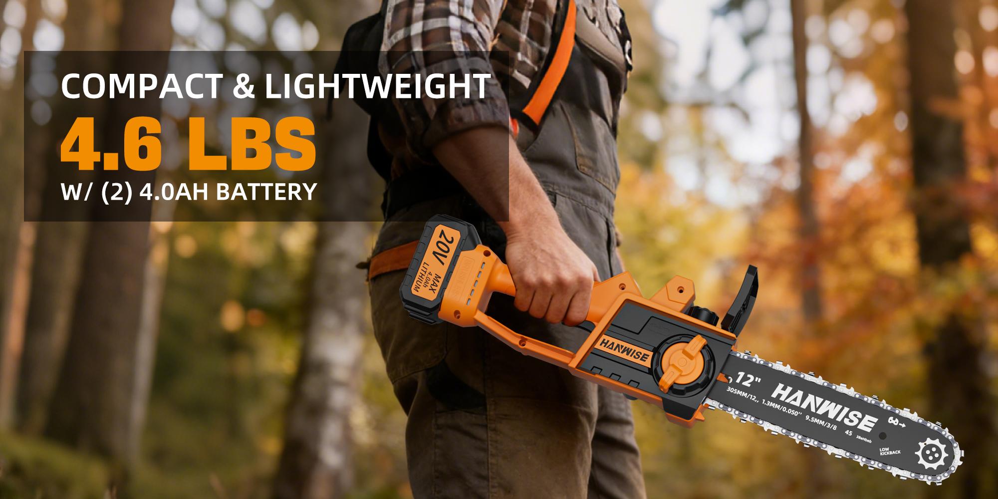 HANWISE 12 inch brushless electric chain saw, enhanced handheld design, with wireless and portable functions. Suitable for cutting wood, pruning trees, and maintaining courtyards and gardens. It is an excellent gift choice for men and husbands.