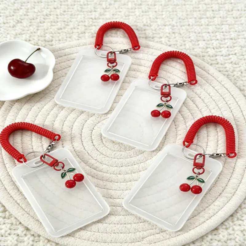 1 Set Heavy-Duty Expandable ID Holder, Clear Id Badge Holder with Cherry Keychain and Wrist Strap - Transparent PVC Card Case with Secure Locking Mechanism, Anti-Theft Design, Suitable for Students, School ID Cards - Ideal Gift