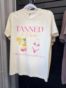 Tanned & Tipsy Ivory Comfort ColorT-shirt, Summer Tshirt, Trendy Tshirt, Viral Tshirt,
